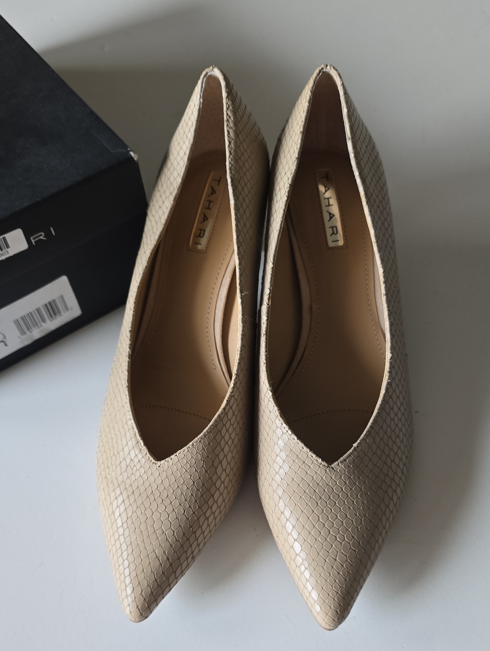 Tahari Beige Snake-Embossed Pointed-Toe Pumps